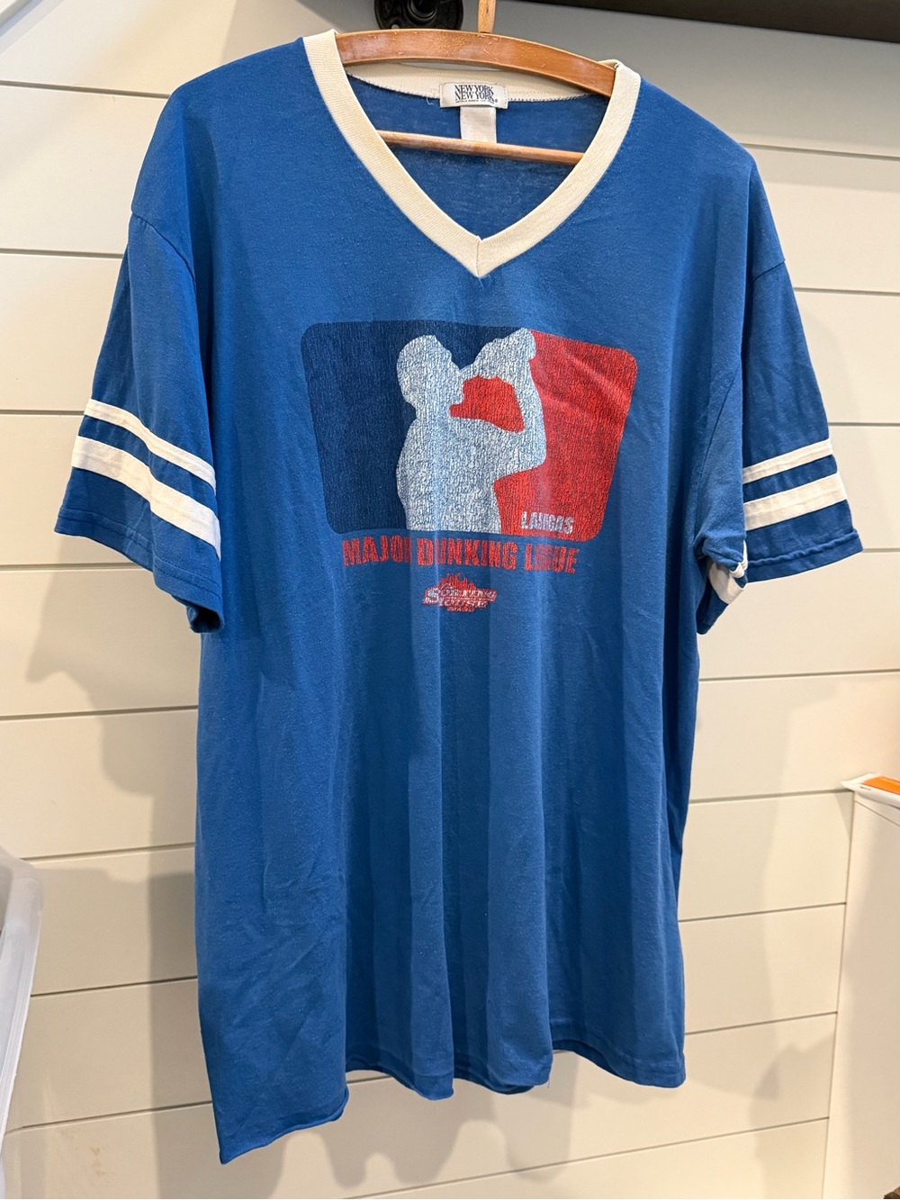 Blue V-Neck Graphic Tee with White Trim